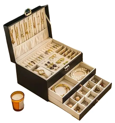 Imagen del producto de Caja de almacenamiento para joyas, diseño multicapa, portátil y duradera, color