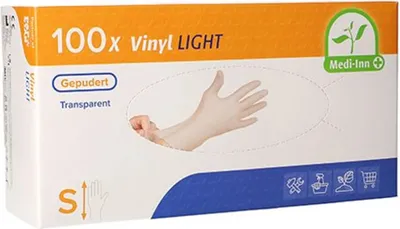 Produktbild von Medi-Inn Vinyl Light Einmalhandschuhe gepudert transparent (Small, 10 x 100 = 1000 Stück)