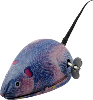 A wind-up tin toy mouse with a blue and pink patterned body and a black tail.