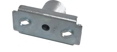 A metal bracket with a cylindrical protrusion, isolated on a white background.