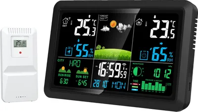 Obrázok produktu pre Bezdrôtová meteostanica Vnútorný vonkajší teplomer Vlhkomer Farebný LCD displej Atómové hodiny S diaľkovým senzorom Predpoveď pre domáce použitie Zástrčka EÚ