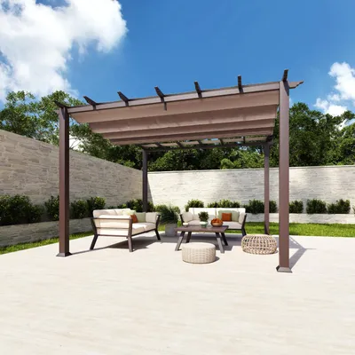Zdjęcie produktu dla Aluminiowa pergola, pawilon Paragon Outdoor Florida 11x11 z regulowaną markizą 320 x 320 cm Kakaowy efekt drewna