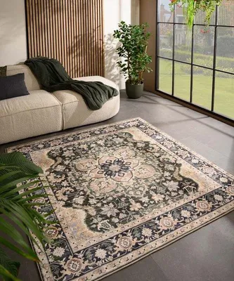 Image de Tapis d'extérieur vintage Unyqoos®, forme carrée, modèle Valenca Fino, beige/vert, 230 x 230 cm, lavable, structure 3D pour intérieur et extérieur