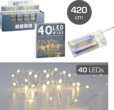 Product packaging and a close-up of the LED wire lights.