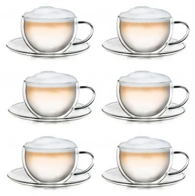 Produktbild von Creano Thermo-Tasse doppelwandige Tee-/Latte Macchiato Cappuccino Tasse mit Untersetzer 250ml, 6er Set
