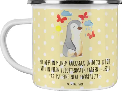 Produktbild von Mr. & Mrs. Panda Teetasse Pinguin ADHS - Gelb Pastell - Geschenk, Haferl, Hyperaktivitätsstörung, Aufmerksamkeitsdefizitsyndrom, Pott, Emaille Becher, Tasse, Teebecher
