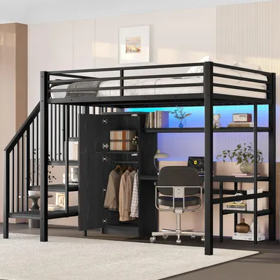 A loft bed with a desk, wardrobe, and shelves, featuring integrated lighting.