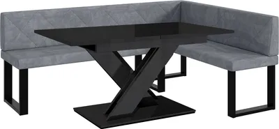 Produktbild von MEBLINI Eckbank für Esszimmer mit ausziehbarem Tisch - Küchenbank - Essecke - Sitzecke Küche - ERIC - U-Beine 142x196x87cm Rechts - Grau Samt/B Schwarz Hochgl.
