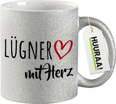 Produktbild von Huuraa Glitzertasse Lügner mit Herz 330ml Silber Keramik Kaffeebecher Geschenkidee