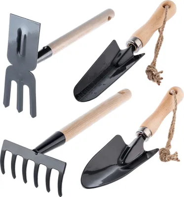 Immagine prodotto di Set di attrezzi da giardino 4in1 di KADAX, cazzuola, zappa, rastrello, pinze per il terreno