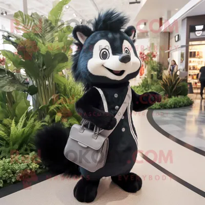 Imagen del producto de Personaje REDBROKOLY de disfraz de mascota Black Skunk vestido con un vestido y bolsas de mensajero
