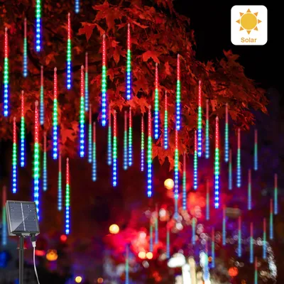 Produktbild von Meteorschauer Lichterkette Solar 8 50cm-Röhren, LED Meteorschauer Licht IP65 Weihnachtsbeleuchtung Deko Garten Traufe Balkon, Bunt