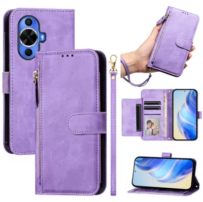 Produktbild von Wallet Hülle für Huawei Nova 11 / Nova 12s, Flip Stand Kunstleder Kartenhalter Brieftasche Reißverschluss Lila