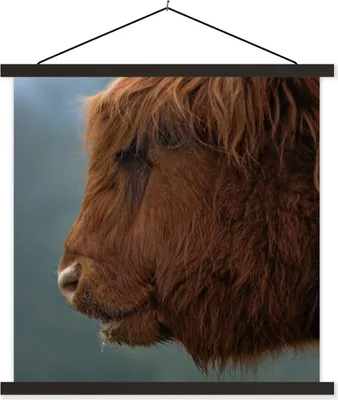 Produktbild von MuchoWow® Textilposter Schottische Hochlandrind - Tiere - Nebel 90x90 cm mit schwarzem Rahmen - Magnetisches