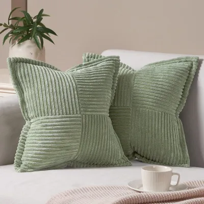 Produktbild von Kissenbezug 35x35 cm, grünes 2-teiliges Set, Cord, mit Federn, dekorativer Kissenbezug für Sofa, Wohnzimmer und Schlafzimmer.