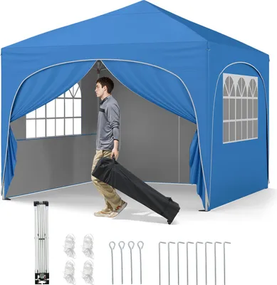 Produktbild von GOPLUS 3 x 3 m Pop-up-Pavillon, Faltpavillon mit 4 abnehmbaren Seitenwänden, Faltbarer Gartenpavillon mit 4 Sandsäcke, Blau
