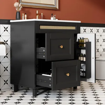 Produktbild von Merax freistehender Waschtischunterschrank, Badezimmerschrank mit Rattanverzierungen, goldene Griffe, Keramik-Waschbecken, Schwarz