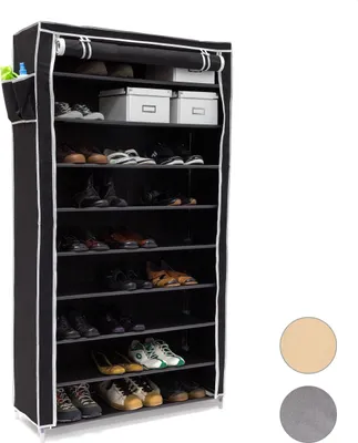 Produktbild von Relaxdays Schuhschrank VALENTIN hoch, HxBxT:161x88x30cm, Stoffbezug, 10 Ablagen, Reißverschluss, für 45 Paar, schwarz