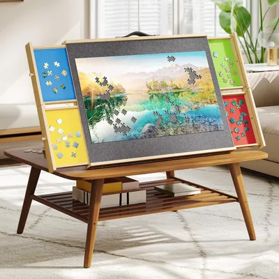 Produktbild von Puzzletisch für 1500 Teile, mit 4 Schubladen, Puzzelbrett winkelverstellbar, Puzzlematte, 90 x 66 cm