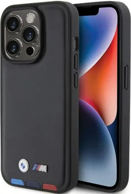 Produktbild von BMW Leder Hot Stamp Tricolor - iPhone 15 Pro Max Hlle (Schwarz)