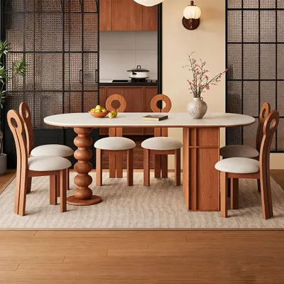 Produktbild von Esstisch, Esstisch-Set, ovaler Esstisch, Familien-Esstisch, Esstisch-Set mit sechs Stühlen, 180 × 80 × 75 cm /YBDS-A-180/