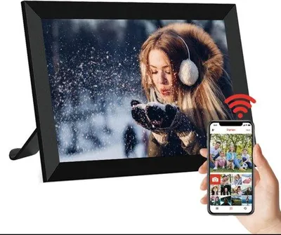 Obrázek produktu pro Qumax Qumax Digitální fotorámeček s aplikací Frameo – Wi-Fi fotorámeček s horizontálním i vertikálním zobrazením – 10palcový digitální fotorámeček – dotykový displej – HD+