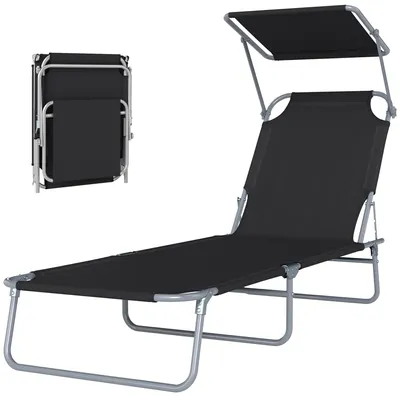 Produktbild von Klappbare Gartenliege mit Sonnendach und verstellbarer Rš¹ckenlehne fš¹r Garten, Terrasse und Camping, 187 x 58 x 36 cm, Schwarz