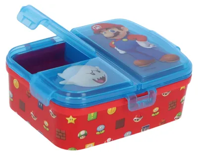 Produktbild von Super Mario Brotdose mit 3 Fächern, Nintendo-Stil und transparentem Deckel
