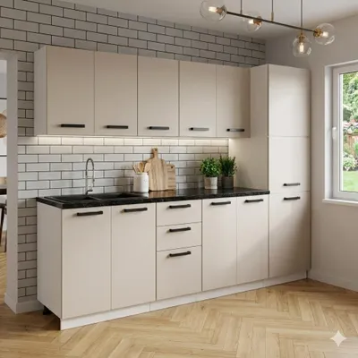 Produktbild von ULWEHOME | Küchenzeile 260 cm Beige, Küchenmöbel-Set Kaschmir mit Arbeitsplatten 2,6 m, Vorratsschrank, Küchenblock, Spülenschrank