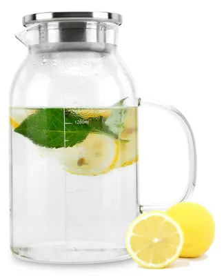 Produktbild von Intirilife Karaffe mit Filter in KLAR – 1,8l Krug aus Borosilikatglas mit Henkel und herausnehmbarem Filter und Deckel hitzebeständig geeignet für heiße und kalte Getränke, Tee, Kaffee, Wasser uvm.