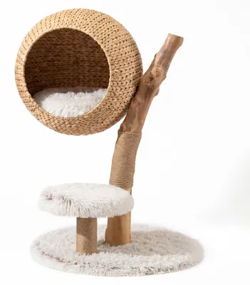 Produktbild von Fudajo Kratzbaum Zweigdesign mit Katzenkorb 83 cm hoch, Designer Katzenkratzbaum mit Liegekorb in Flecht-Optik, Katzenbaum aus Holz mit Plüsch