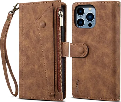 Image de Etui de protection pour iPhone 15 Pro Max étui en cuir avec fermeture éclair, portefeuille pliable avec fente pour cartes, support et sangle marron