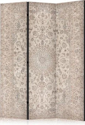 A three-panel room divider with a Persian carpet pattern.