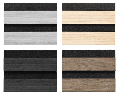 Productafbeelding van HAGEFOL® Akoestische panelen Lite, zelfklevend, proefpakket in de kleuren: eik, walnoot, grijs, zwart