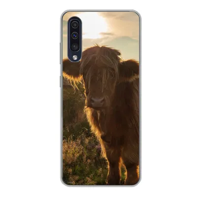 Produktbild von MuchoWow® Handyhülle Schutzhülle Hülle für Samsung Galaxy A50 Schottischer Highlander - Sonnenuntergang - Gras Silikon Softcase Handy Hülle - Mobiltelefonhülle