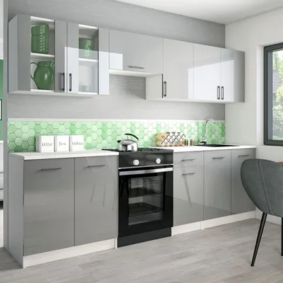 Produktbild von Roe Furniture | Küchenzeile - 260 cm - Grau (Hochglanz) - Einbauküche, Küchenblock, Singleküche, Singleküchenblock, Küchen - Tischplatte Weiß