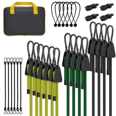 Immagine prodotto di Set di elastici di fissaggio da 30 pezzi, con ganci e moschettoni, regolabili da 60 a 120 cm, ganci a J da 25 cm, sfere da 10 cm, clip per teloni, sacca