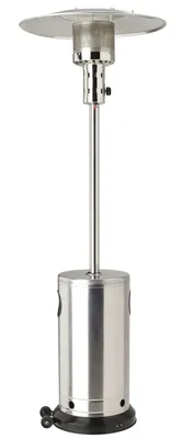 A stainless steel gas patio heater with a wide reflector at the top, a tall central pole, and a cylindrical base with wheels.