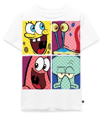 Produktbild von Spreadshirt SpongeBob Schwammkopf Patrick Gary Thaddäus Kinder Premium T-Shirt, 122/128 (6 Jahre), Weiß