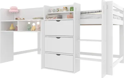 A white loft bed with a desk and shelves underneath, against a white background.