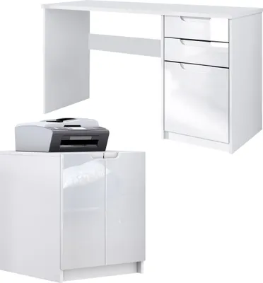 Produktbild von Vladon Büromöbel Homeoffice Set Paris,  Germany mit Druckerkommode und Schreibtisch, Weiß matt / Weiß Hochglanz