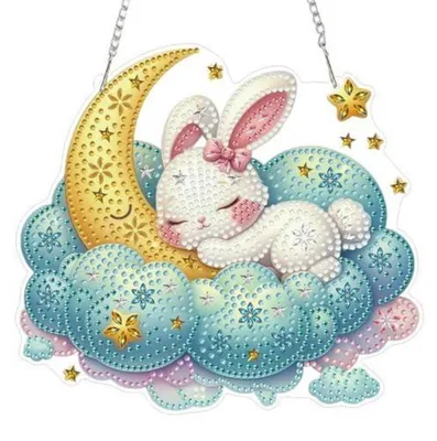 Productafbeelding van Hängeldecoratie set, konijn met mond, 5D diamant schilderij, raamdecoratie, dubbelzijdig met ketting, 19,4 x 17,6 cm, wit, geel, blauw