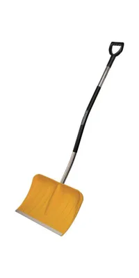 A yellow snow shovel with a black and silver handle is shown against a white background.