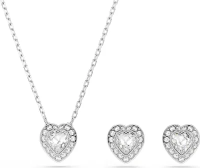 A necklace and a pair of earrings with heart-shaped pendants.