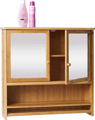 Obrázek produktu pro Zrcadlová skříňka HWC-B18, Koupelnová zrcadlová skříňka na zeď, 3 police 2 dvířka zrcadlo bambus 62x66x15cm
