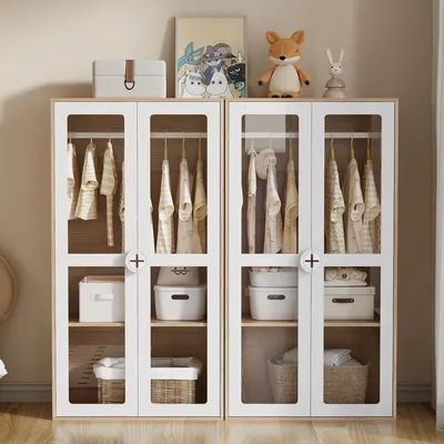 Produktbild von Sweiko Kinderkleiderschrank, Doppeltüriger Kleiderschrank, Glastüriger Kleiderschrank, mit Bügelstange, 2er Kleiderschrankkombination, Weiß + Naturholzfarbe, Lackierte Platten + Spanplatte, 160×50×150cm