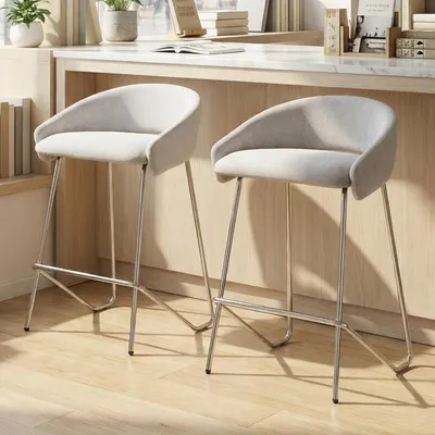 Immagine prodotto di Set di 2 sgabelli da bar con schienale, in tessuto chenille grigio, struttura in metallo, design moderno