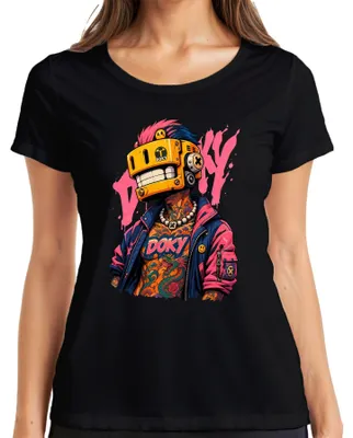 Produktbild von Doky Cyberpunk Roboter Maske Tattoo Drache Urban Japan Y2K Retro Damen T-Shirt, Schwarz, 3XL
