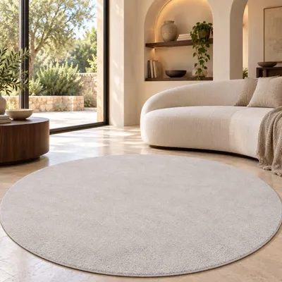 Productafbeelding van Wasbaar vloerkleed voor de woonkamer, korte pool, effen kleur, moderne stijl, zacht, zilver, rond, diameter 200 cm