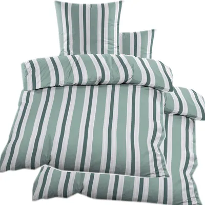 Produktbild von 4-tlg. Seersucker Bettwäsche 2x (135x200 +80x80cm), grün weiß, längsgestreift, bügelfrei, Microfaser
